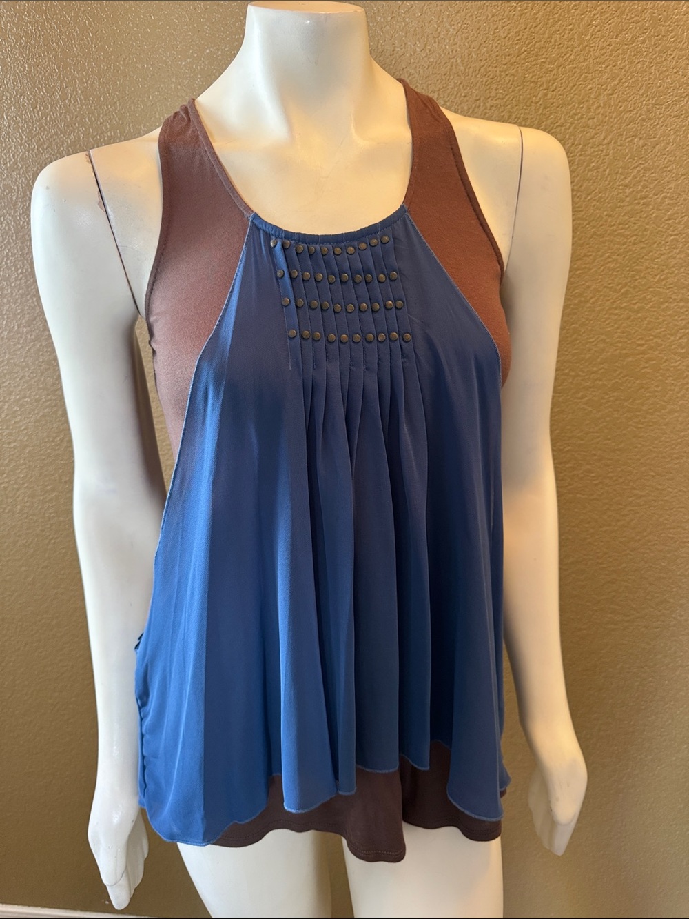 Bellatrix Blue Sheer Pleated Front Tank with Brown Racerback Y2K Unique